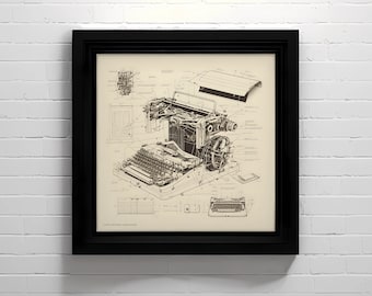 Vintage Typewriter Diagram Art Print | Retro Office Decor (Digital Download)