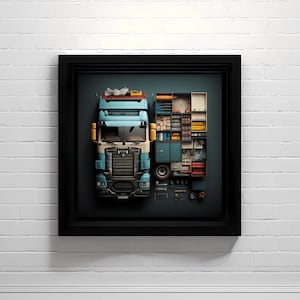 May include: A blue and white semi-truck cab with a yellow and orange toolbox on the roof. The truck is surrounded by a grid of small compartments filled with tools, supplies, and other items.