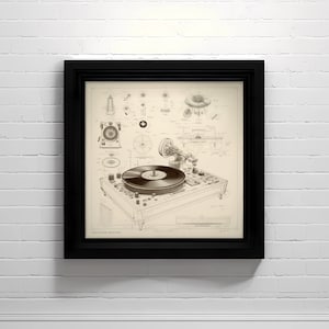 Puede incluir: Un dibujo en blanco y negro de un tocadiscos vintage con una plataforma giratoria y un brazo de lectura. El dibujo está enmarcado en un marco negro y está colgado en una pared de ladrillo blanco. El dibujo incluye el texto "LOOK WITHIN CREATIONS".