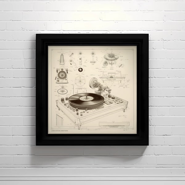 Vintage Turntable Artistic Diagram | Retro Music Lover Wall Decor | Audiophile Wall Art | Instant Download Digital Print