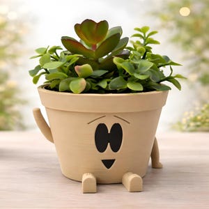 May include: A beige ceramic planter with a cartoon face design, featuring large black oval eyes and a small smile. The planter has arms and legs and is filled with green succulents. The overall height is approximately 6 inches.
