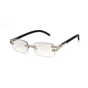 Stylish Metal Frame Clear Lens Rimless Hip-hop with Stones Sunglasses UV400 Hiphop style diamond Custom Cleaning Cloth/Bag