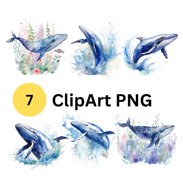 7 Blue Whale ClipArt , printable clip art , PNG files