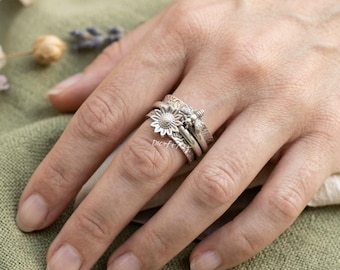 Sunflower Bee Spinner Ring, Sterling Silver Boho Ring, Fidget Jewelry
