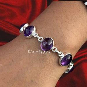 アメジスト宝石ブレスレット、925スターリングシルバー、ハンドメイドカーブチェーンブレスレット