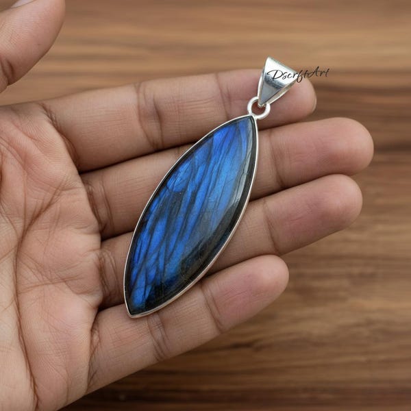 Natural Labradorite Pendant, 925 Sterling Silver Marquise Jewelry, Blue Flash Labradorite Necklace
