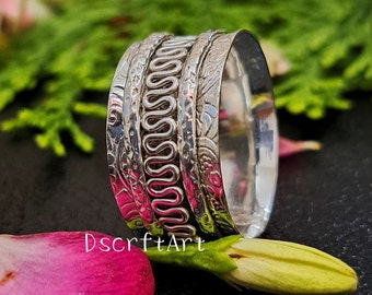 Sterling Silver Spinner Ring, Wide Band Meditation Ring, Anxiety Fidget Jewelry