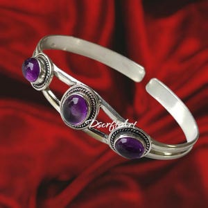 Amethyst Cuff Bracelet 925 Sterling Silver, Adjustable Gemstone Bangle, Handmade Gift for Her, February Birthstone, Mom Jewelry