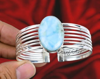 Larimar Gemstone Cuff Bracelet, Sterling Silver Boho Bangle