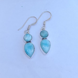 Natural Larimar Gemstone Earring in 925 Sterling Silver, Natural Blue Larimar Hook Earring, Sterling Silver Dangle Earring, Gift for her