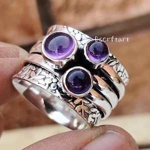 Amethyst Sterling Silver Spinner Ring, Boho Thumb Ring