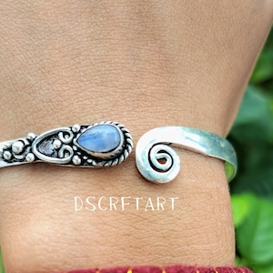 Rainbow Moonstone Cuff Bracelet – 925 Sterling Silver Adjustable Bangle for Women – Boho Handmade Jewelry Gift