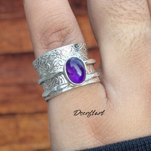 Amethyst Spinner Ring: Wide Band 925 Sterling Silver, Boho Fidget Ring