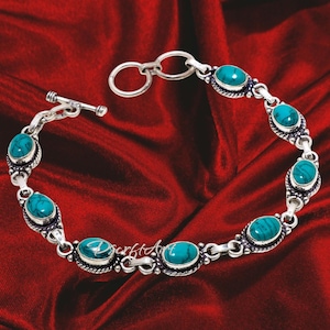 Türkis Oval Form Edelstein Panzerkette Armband, 925 Sterling Silber handgemachte Armband Geschenk für Freundin Valentinstag Geschenk