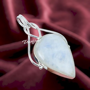 Rainbow Moonstone Teardrop Pendant, 925 Sterling Silver Wire Wrapped Necklace, June Birthstone Jewelry, Gift for Her, Healing Crystal Charm