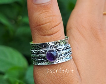 Sterling Silver Amethyst Gemstone Spinner Ring Woman Band worry Ring