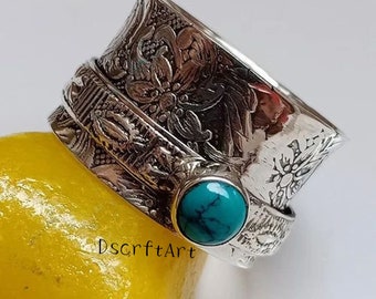 Turquoise Sterling Silver Spinner Ring, Wide Band Anxiety Ring Gift for Her