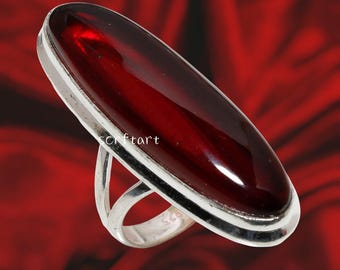 Red Garnet Oval Ring, 925 Sterling Silver, Boho Hippie Style Statement Long Ring