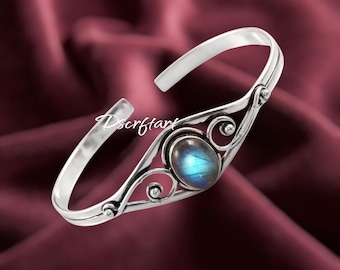 Labradorite Cuff Bracelet, 925 Sterling Silver, Boho Hippie Style