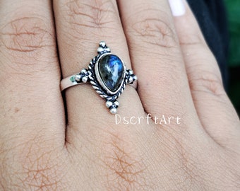 Handmade Labradorite Gemstone Ring, 925 Sterling Silver plated,  Boho Ring