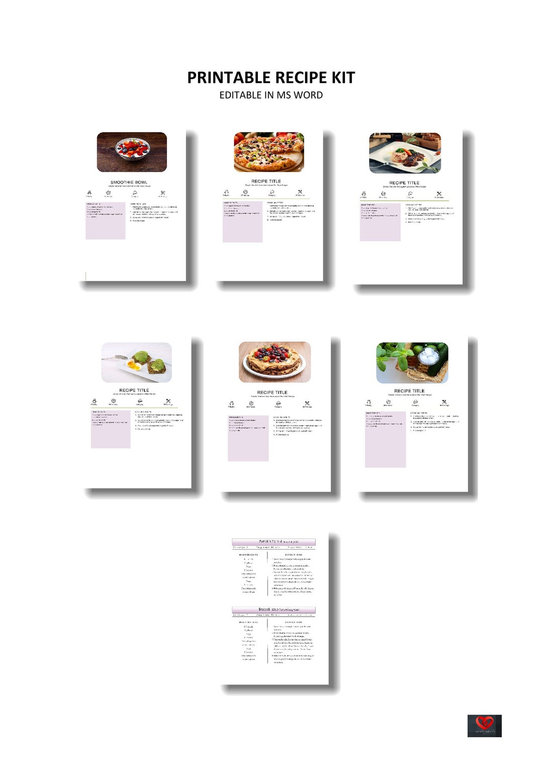 Printable Recipe Book Kit, Editable Recipe Template for Word, Digital