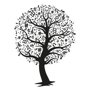 May include: Black and white silhouette of a tree with musical notes and symbols in the branches.