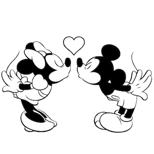 Peut inclure: Illustration en noir et blanc de Mickey et Minnie Mouse s'embrassant avec un cœur au-dessus d'eux.