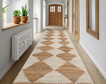 Weißer Diamant Teppich Läufer - Handgewebter Naturfaser Teppich Läufer, Boho Teppich Läufer