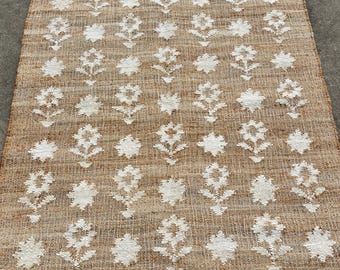 Natural Floral Cotton Jute Rug, Handmade loom Cotton jute Rug Carpet, Custom Size Rug, Outdoor Rug, traditional handwoven rug