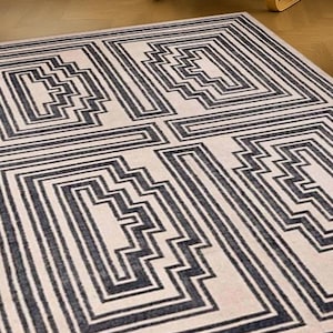 White Navy Modern Geometric Design Hand Woven High Quality Wool Flatweave Rug, Customize in any size, Wool Jute Rug Handmade Dhurrie Rug