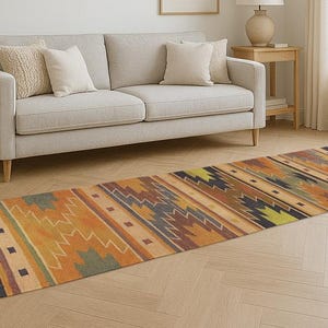 Puede incluir: Una alfombra larga y rectangular con un diseño del suroeste. La alfombra presenta un patrón de formas geométricas en tonos naranja, marrón, azul y verde. La alfombra está colocada sobre un suelo de madera clara frente a un sofá beige.