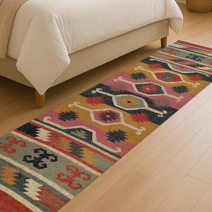 Traditioneller indischer Juteteppich, handgewebter Teppich aus Wolle und Jute, handgefertigt, mehrfarbiger Juteteppich, Wollteppich Dhurrie traditionell, Custom Runner