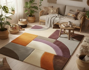 Handgetufteter Geometrischer Teppich, Weicher Blush Moderner Teppich, Mehrfarbiger Akzent Teppich für Wohnzimmer, Esszimmer und Kinderzimmer