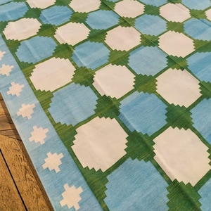 Green Blue Scandinavian Design rug, 9x12 ft Home Décor Boho Area Rug, Flat Weave panja Dhurrie Rug, Cotton Reversible Rug, indian rugs