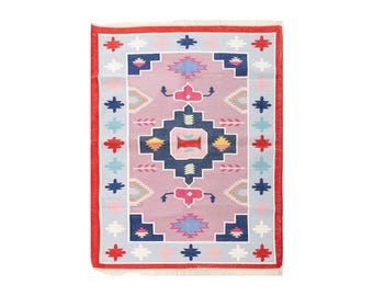 Cotton Kilim Rug, Geometric Area Carpet, Flat Weave Rug, Colorful Living Room Decor, Modern Bedroom Floor Mat, Handwoven Rug, Handmade Rug