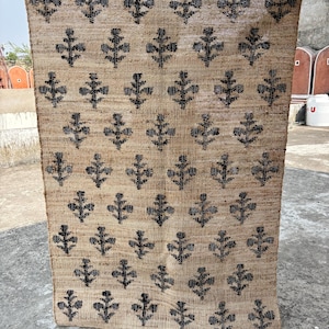 4x6 Ft Jute Cotton Rug, Handmade Beige Rug Natural Jute  black Flower Cotton Hemp Rug, Eco-Friendly Handmade Rug