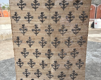 Jute Cotton Rug, Handmade Beige Rug Natural Jute  black Flower Cotton Hemp Rug, Eco-Friendly Handmade Rug