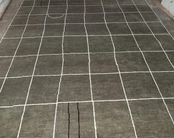 Hand-Knotted Green Grid Rug, Wool Moroccan Area Rug For Home Decor, Living Room Carpet, Christmas Gift, Beni Ourain Wool Rug For Bedroom