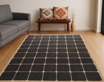 Handwoven Kilim Rug, Jute Checker Carpet, Green Moroccan Rug, Soft Shag Oriental Rug, Artistic Floor Decor