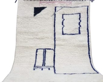 Tapete berbere marroquino feito à mão, tapete de lã branco e azul escuro, tapete abstrato boho tecido à mão, tapete escandinavo boho para decoração de sala de estar e quarto.