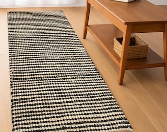 Zwarte strepen, handgeweven natuurlijke jute loper, aangepast formaat groot vloeroppervlak jute vloerkleed trappen Jute kelimloper tapijt Indiaas