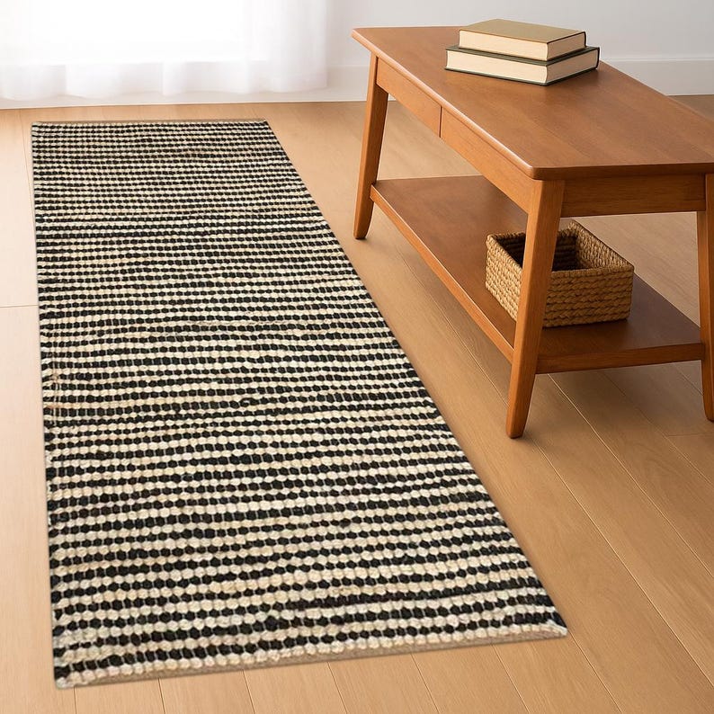 2x6Ft Black Stripes, Handwoven Natural Jute Runner, Custom Size Large Floor Area Jute Rug Stairs Jute Kilim Runner Rug Indian