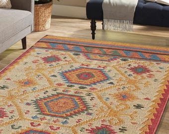 Modern kelimtapijt, modern kilimtapijt 5 x 7,5 x 8 x 8 x 10, handgemaakt Navajo kelimtapijt, Azteeks tapijt, accenttapijt, tapijt voor buiten/tapijt voor binnen
