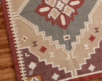 Indian Handmade Multicolor Wool Jute Kilim Rug,Handmade Dhurrie Rug Bohemian Rug Vintage Floor Rug |  Geometric Rugs | Indian Handwoven Rug