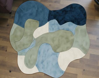 Hand Tufted Abstract Shape Rug | Organic Modern Area Rug | Blue Green Neutral Rug | Contemporary Handmade Home Decor