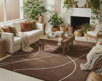 Brauner Handgetufteter Wollteppich, Modernes Geometrisches Design