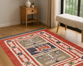 Alfombra Kilim de yute de lana / Alfombra de yute de lana tejida a mano / Alfombra de tejido plano / Alfombra Boho / Alfombra Dhurrie india / Alfombra Navajo Kilim / Alfombra personalizada