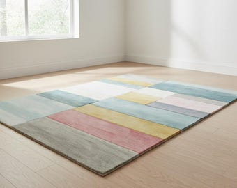 Tapis en laine touffeté main | Tapis géométrique pastel color-block - Tapis de créateur coloré