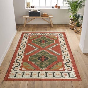 Handmade Wool and Jute Rug - Kilim Dhurrie Traditional Indian Floor Decor, Durable Natural Fiber Carpet, Boho Area Rug