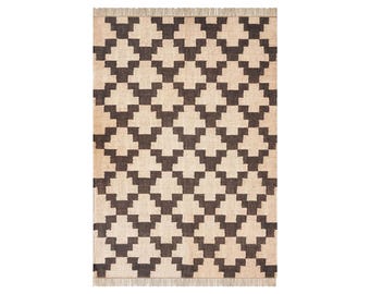 Handwoven Kilim Rug, Indian Dhurrie Rug, Black White Area Rug, Custom Size Carpet, Boho Floor Rug, Rectangle Flatweave Rug, Ethnic Decor Rug